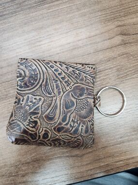 Tooled Brown Floral Leather Snap Coin Pouch